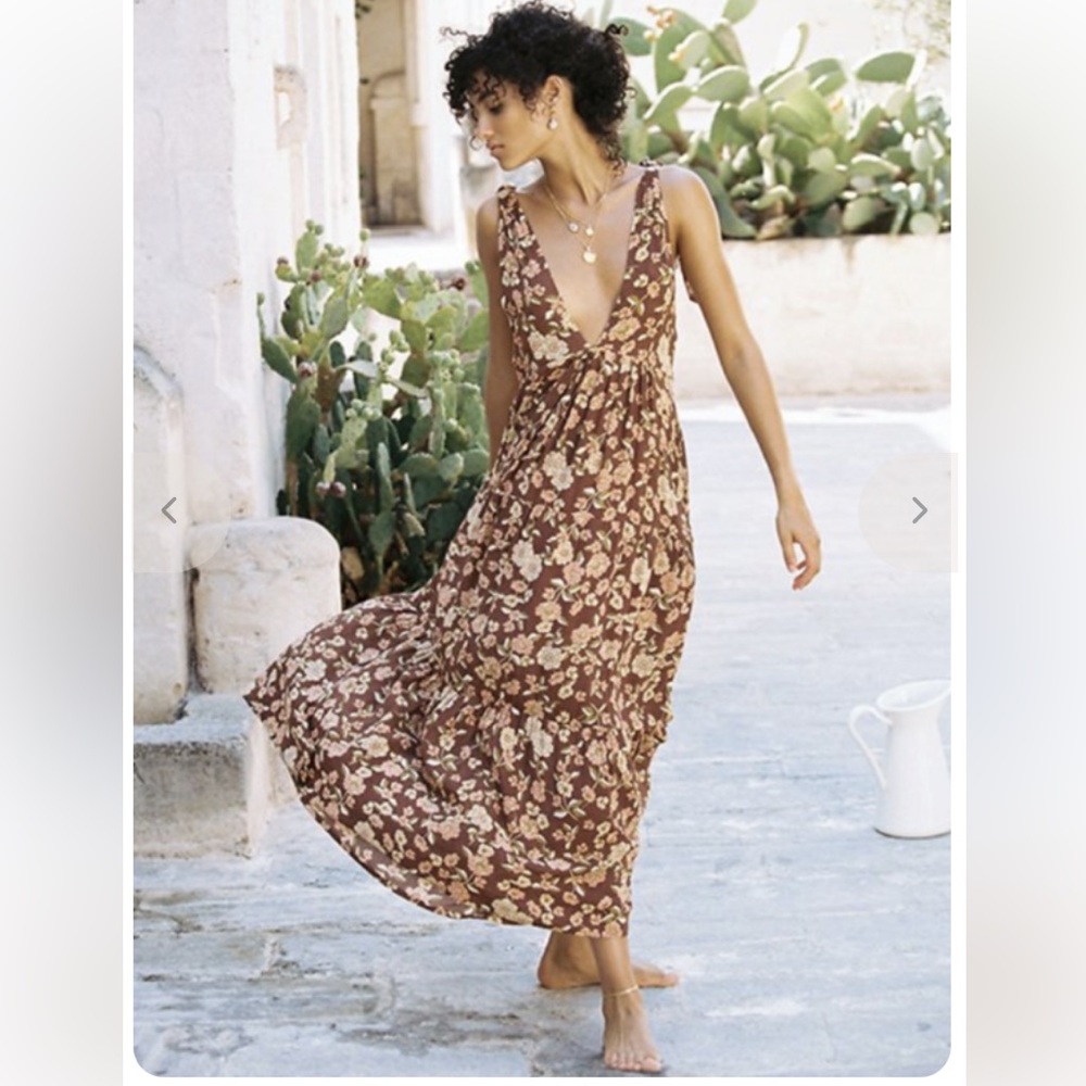 New Anthropologie Faithfull the Brand Opatija Brown Retro Floral Midi Dress M